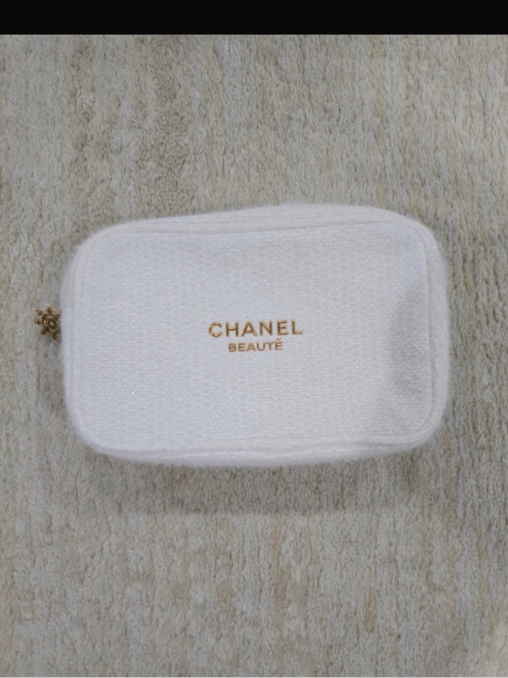CHANEL White Tweed Cosmetic Pouch with Gold Logo